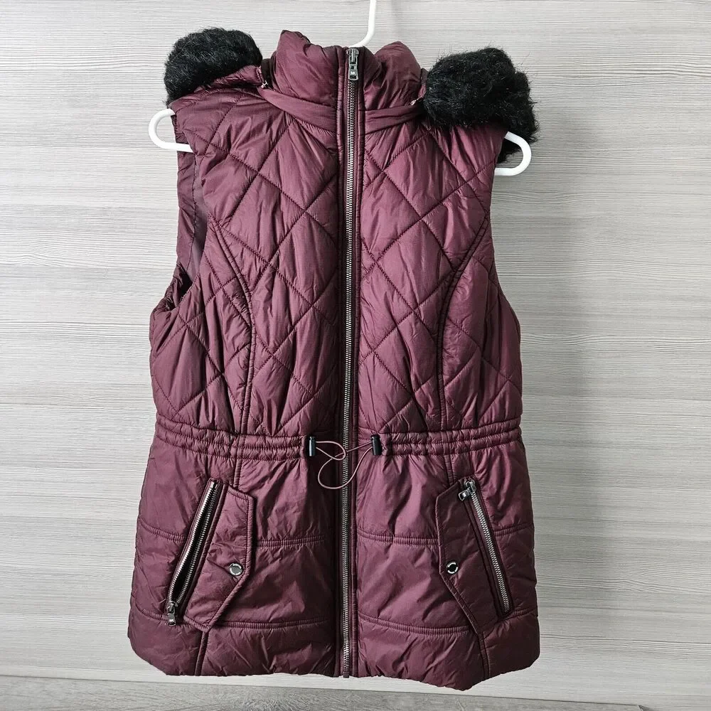 Michael Kors Active‎ Puffer Faux Fur Hood Vest Women M Maroon Nylon Zip Quilted